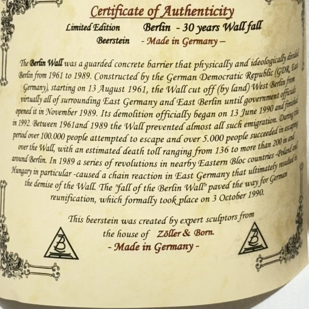 Zoller Born Beer Stein 30 Year Fall Of Berlin Wall #207/5000 Pewter Lid Mint COA